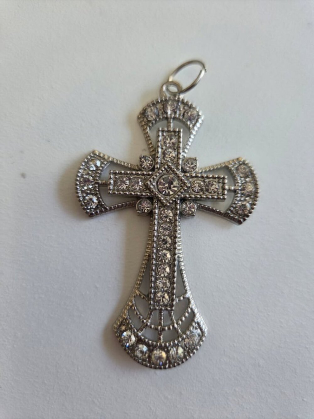 Vintage Ornate Filigree Cross Pendant - Silver Tone with Clear Rhinestone Accent